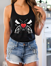 Load image into Gallery viewer, Winged Heart Tank Top with hand-drawn angel wings and heart design — grunge racerback apparel by Glitter Bees Unite.