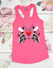 Load image into Gallery viewer, Winged Heart Tank Top with hand-drawn angel wings and heart design — grunge racerback apparel by Glitter Bees Unite.
