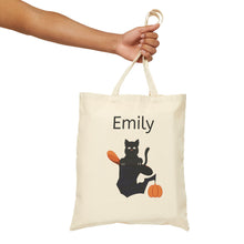 Load image into Gallery viewer, Personalized Canvas Tote Bag - Halloween Black Cat in Black Hat with Pumpkin