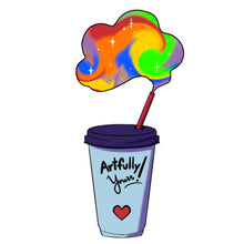 Load image into Gallery viewer, A colorful sticker with a cloud-like shape and a heart at the bottom, attached to a blue water bottle, with the text 'ARTFULLY YOURS!' and a small heart symbol.