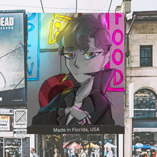 Load image into Gallery viewer, Animated character on a billboard with urban street scene in the background of Neon Knight Luxury Collector's edition