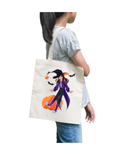 Load image into Gallery viewer, Cute Witch Halloween Tote Bag Playful Pumpkin Art Spooky Season Aesthetic Trick or Treat Bag Fall Gift for Her