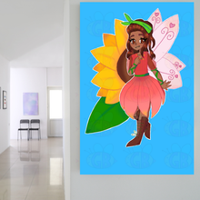 Load image into Gallery viewer, Cartoon fairy character with sunflower on a blue background in a room.