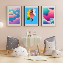 Load image into Gallery viewer, Children's room with colorful fairy wall art, chairs, and plush toys.