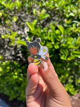 Load image into Gallery viewer, Bee Girl Enamel Pin Floral Stripe Honey Bee Gold Finish 1.5x1.5 Waterproof Brooch with Rubber Clutches Hard Enamel Lapel Pin Badge