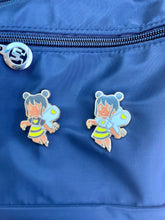 Load image into Gallery viewer, Bee Girl Enamel Pin Floral Stripe Honey Bee Gold Finish 1.5x1.5 Waterproof Brooch with Rubber Clutches Hard Enamel Lapel Pin Badge