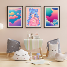 Load image into Gallery viewer, Children's room with colorful wall art, chairs, and plush toys.