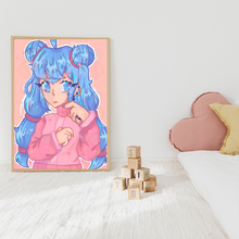 Load image into Gallery viewer, Framed anime-style poster of a character with blue hair and pink outfit in a room with wooden blocks and heart-shaped pillow.