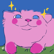 Load image into Gallery viewer, A sticker of a smiling pink cat with blue eyes and a glossy finish.