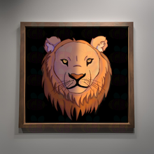 Load image into Gallery viewer, Framed artwork of a lion's head on a dark background