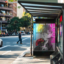 Load image into Gallery viewer, Anime character on a bus shelter in an urban setting of Neon Knight artwork in New York City