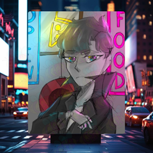 Load image into Gallery viewer, Anime character with glasses and a bow tie in front of a neon-lit city street of Neon Knight