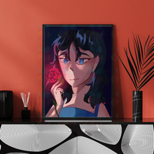 Load image into Gallery viewer, Framed artwork of a stylized character with a lighted rose in a beautiful frame on an orange wall.