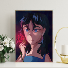 Load image into Gallery viewer, Framed artwork of an anime-style character holding a rose on a white surface with decorative items.