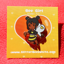 Load image into Gallery viewer, Bee Girl Enamel Pin Floral Stripe Honey Bee Gold Finish 1.5x1.5 Waterproof Brooch with Rubber Clutches Hard Enamel Lapel Pin Badge