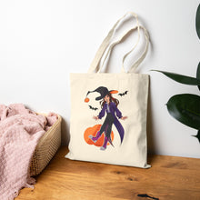 Load image into Gallery viewer, Cute Witch Halloween Tote Bag Playful Pumpkin Art Spooky Season Aesthetic Trick or Treat Bag Fall Gift for Her