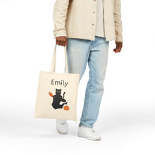 Load image into Gallery viewer, Personalized Canvas Tote Bag - Halloween Black Cat in Black Hat with Pumpkin