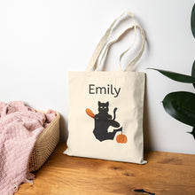 Load image into Gallery viewer, Personalized Canvas Tote Bag - Halloween Black Cat in Black Hat with Pumpkin
