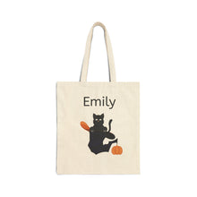 Load image into Gallery viewer, Personalized Canvas Tote Bag - Halloween Black Cat in Black Hat with Pumpkin