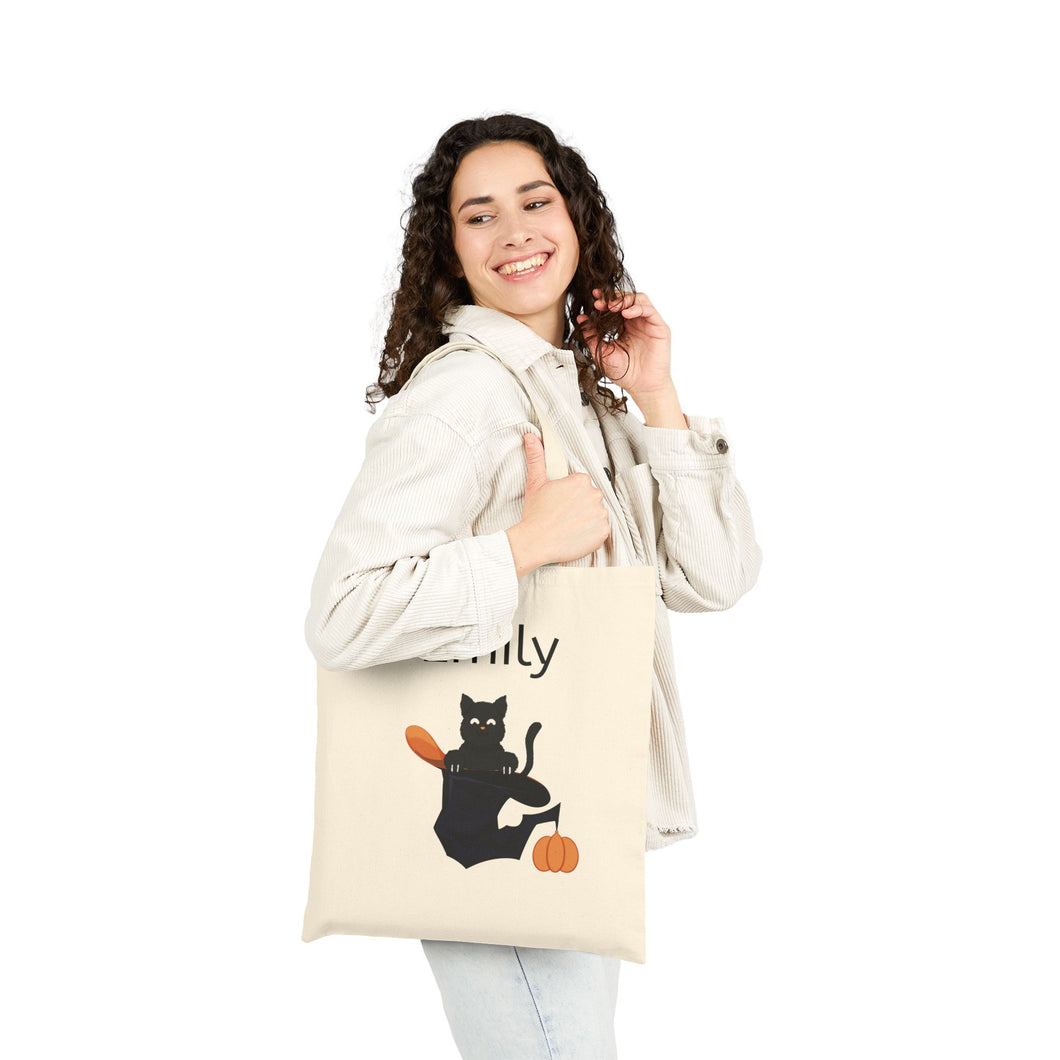 Personalized Canvas Tote Bag - Halloween Black Cat in Black Hat with Pumpkin