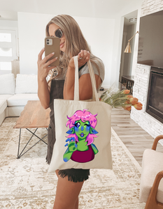 Alien Girl Halloween Tote Bag, Cute UFO Extraterrestrial Space Creature Trick or Treat Carryall, Galaxy Costume Party Purse, Sci-Fi Invasion