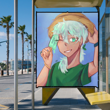 Load image into Gallery viewer, Popsicle Mint framed animated anime young woman  on a bus stop sign with palm trees and buildings in the background