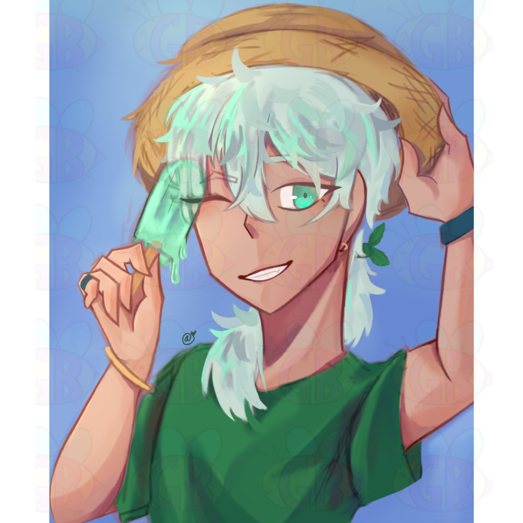 Anime character with green and blond hair and green eyes, wearing a straw hat against a blue background.