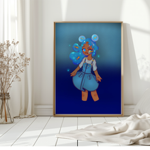 Load image into Gallery viewer, Framed illustration of a girl with blue hair and bubbles on a blue background, in ankle-leveled water; lleaning against a gallery white wall.