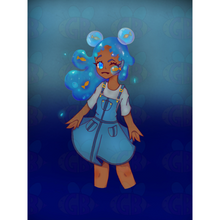 Load image into Gallery viewer, Whimsical art print with blue hair and fish-themed accessories in a denim overalls swimming in the ocean