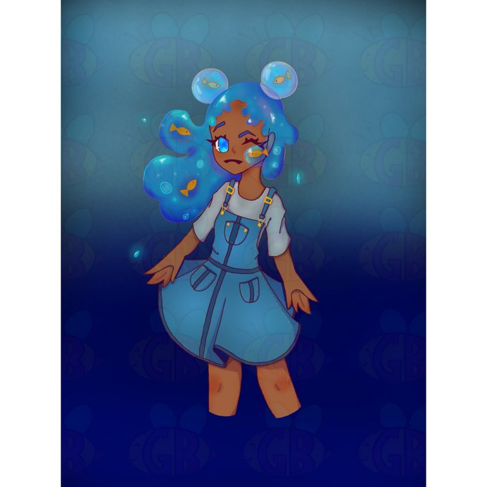 Whimsical art print with blue hair and fish-themed accessories in a denim overalls swimming in the ocean