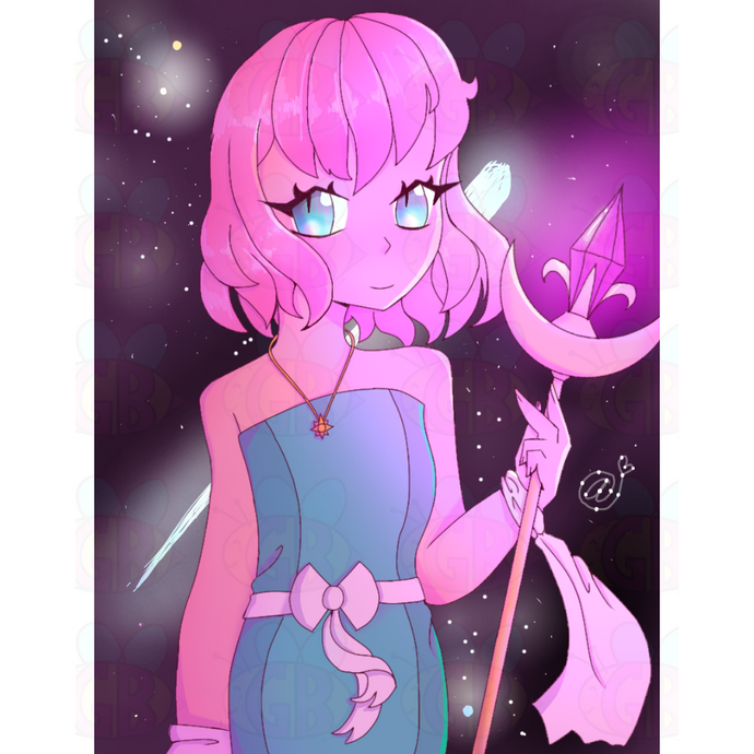 Celestial Moon art print fantasy woman with pink hair holding sword under moon