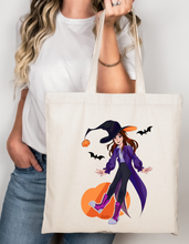 Load image into Gallery viewer, Cute Witch Halloween Tote Bag Playful Pumpkin Art Spooky Season Aesthetic Trick or Treat Bag Fall Gift for Her