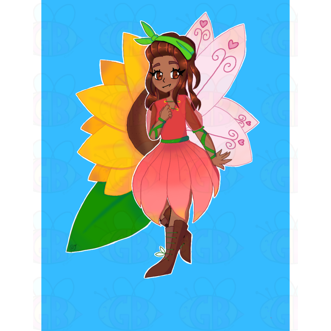 Cartoon fairy character with colorful wings and dress on a blue background