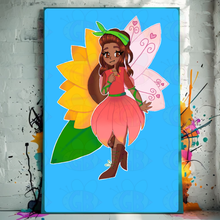 Load image into Gallery viewer, Large wall canvas  of a fairy character with pink dress and green wings on a blue background
