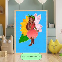 Load image into Gallery viewer, Framed poster of a fairy character on a blue background, placed in a room with toys and furniture.