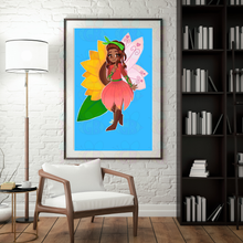 Load image into Gallery viewer, Framed illustration of a fairy with a sunflower in a living room setting.
