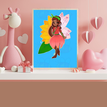 Load image into Gallery viewer, Fairy-themed poster on a shelf with decorative items against a pink wall.