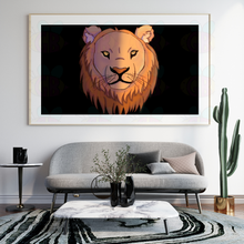 Load image into Gallery viewer, Framed artwork of a lion&#39;s head on a wall above a gray sofa in a living room, anime lion king wall art.