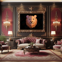 Load image into Gallery viewer, Luxurious living room with ornate decor, including a framed lion head on the wall, Gallery wrapped framed canvas lion artwork.