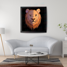 Load image into Gallery viewer, Living room with a white sofa, coffee table, and wall art of a lion&#39;s head. Framed canvas black of lion wall art.