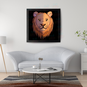 Living room with a white sofa, coffee table, and wall art of a lion's head. Framed canvas black of lion wall art.