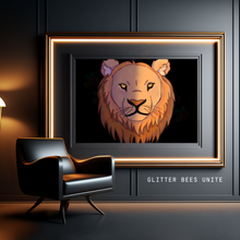 Load image into Gallery viewer, Framed artwork of a lion&#39;s head on a wall with a modern chair below.