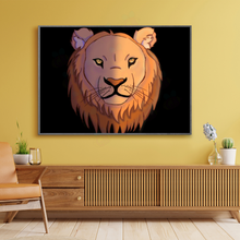 Load image into Gallery viewer, Framed artwork of a lion&#39;s head on a yellow wall above a wooden console table.