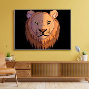 Framed artwork of a lion's head on a yellow wall above a wooden console table.
