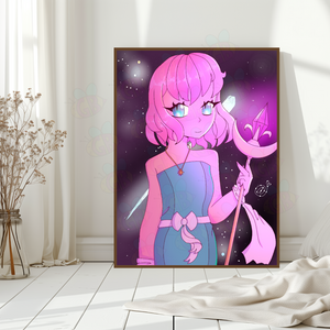 Framed artwork of an anime-style young woman with pink hair and a blue dress, holding a sword, in a room setting. She is a warrior princess, moon art