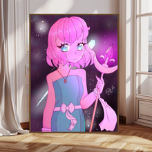 Load image into Gallery viewer, Fantasy art pink haired woman with sword Celestial Moon framed wall décor