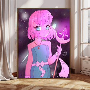 Fantasy art pink haired woman with sword Celestial Moon framed wall décor