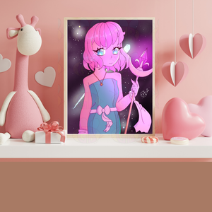 Framed artwork of a young girl with pink hair and a wand, surrounded by decorative items on a shelf, making it a fantasy home decor