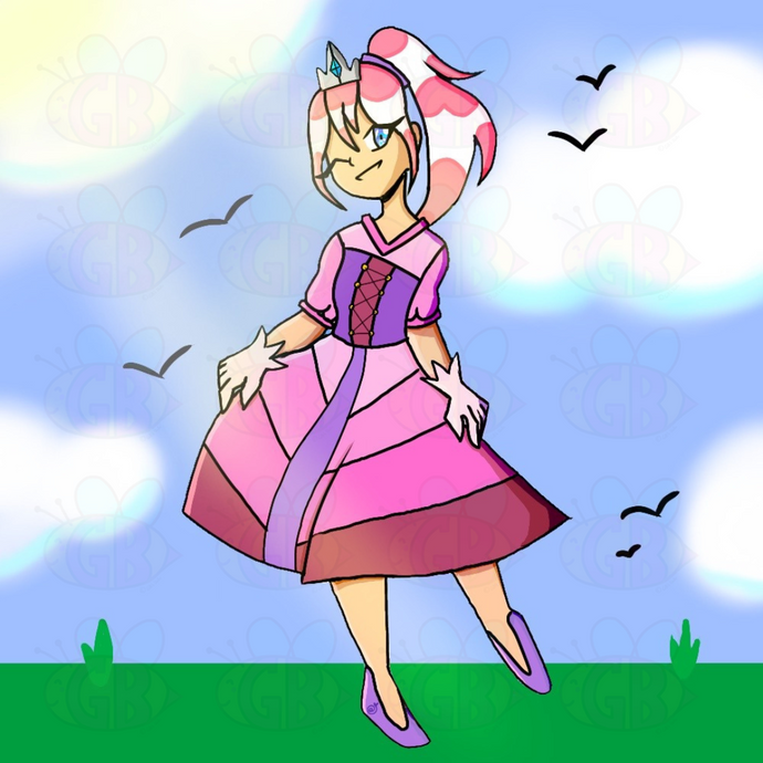 Princess Maybelline 5x5 art print in a pink dress standing on grass with a blue sky background