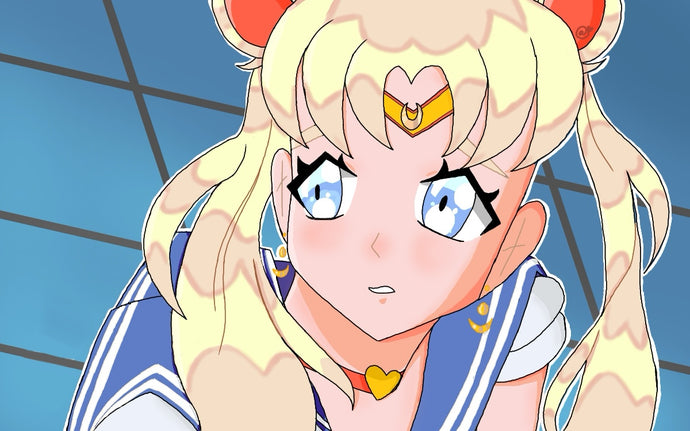 Animated character with blonde hair and blue eyes, wearing a sailor uniform against a blue grid background.